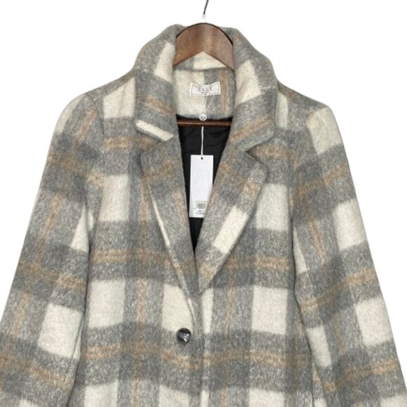 NWT Sage The Label Womens Charlie Plaid Long Coat XS - Ivory Gray Academia - Picture 2 of 16